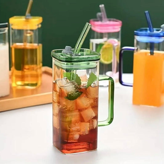 Transparent Square Tumbler Drinking Glass with Glass Straw and Colourful Handle | 2pcs Set - Armaa Store