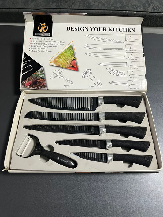 Set of knives and a peeler in a box with 'Design Your Kitchen' branding.