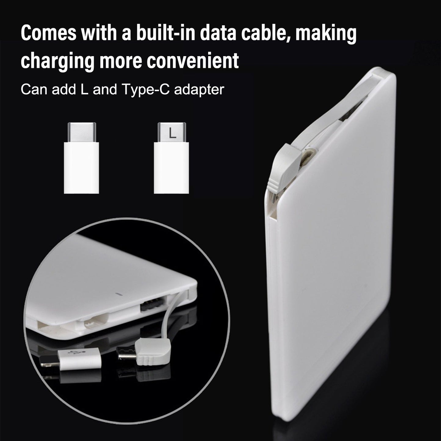 White electronic device with built-in data cable and adapter on a black background