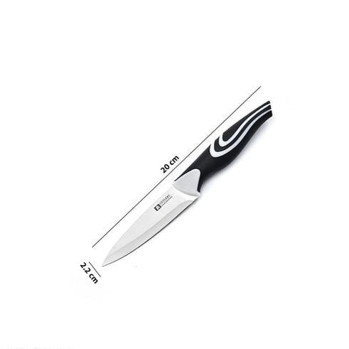 Knife with black handle and measurements on a white background