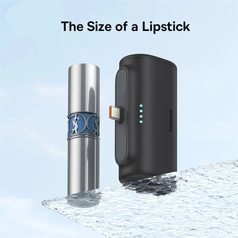 Baseus power bank and lipstick for size comparison on a light blue background