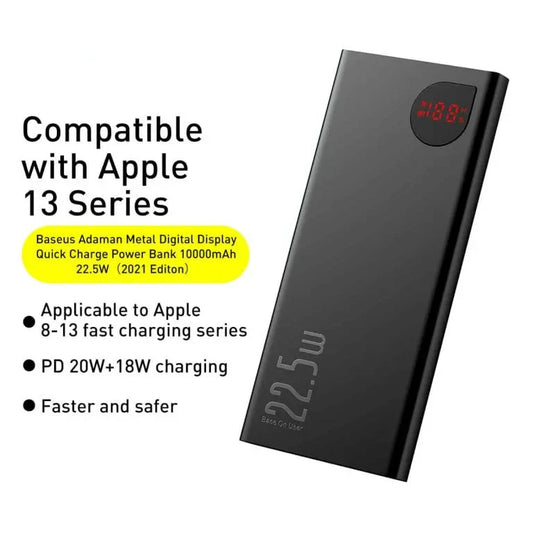 Baseus power bank with digital display on a white background