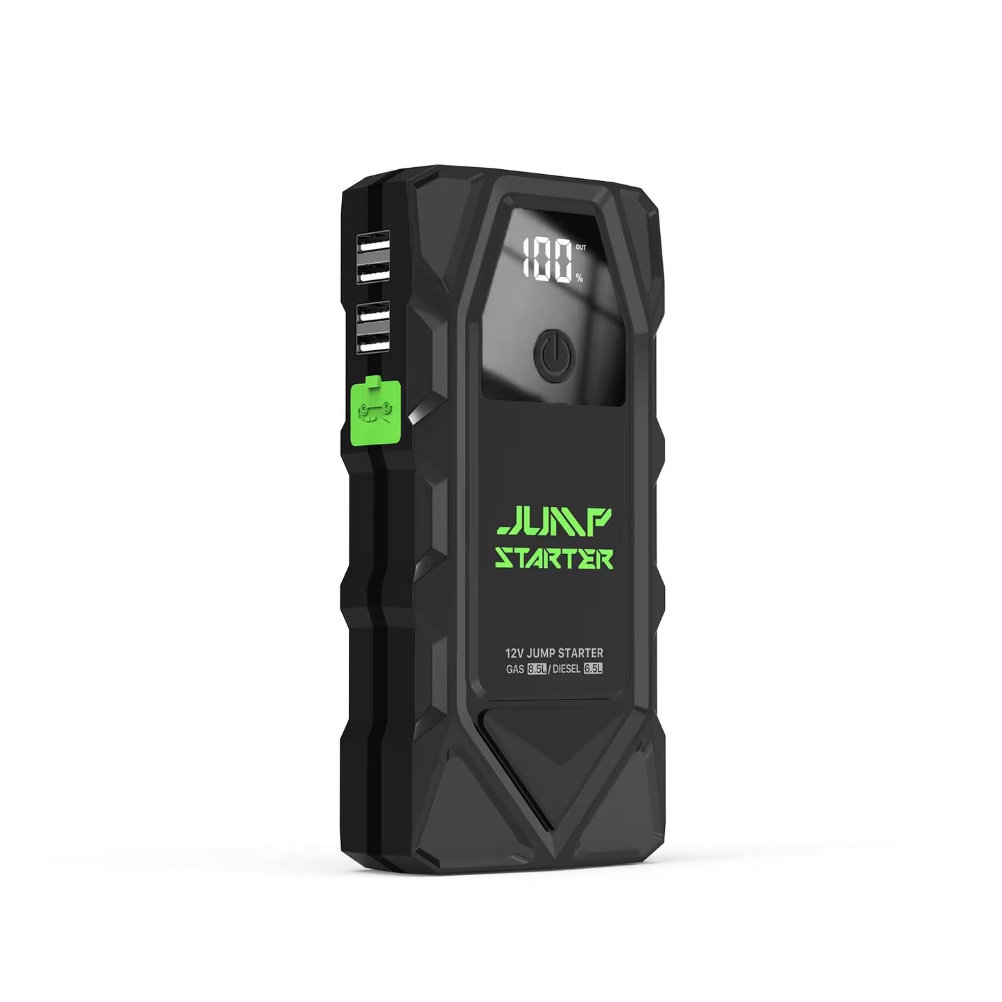 Black jump starter with green accents on a white background