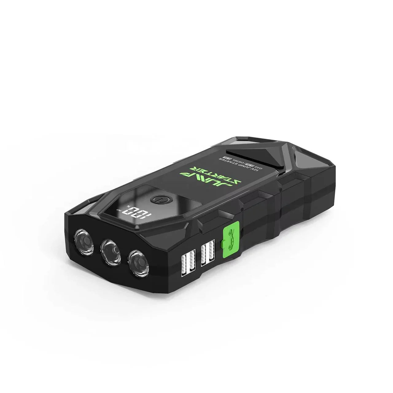 Black portable power station with digital display and multiple ports on a white background