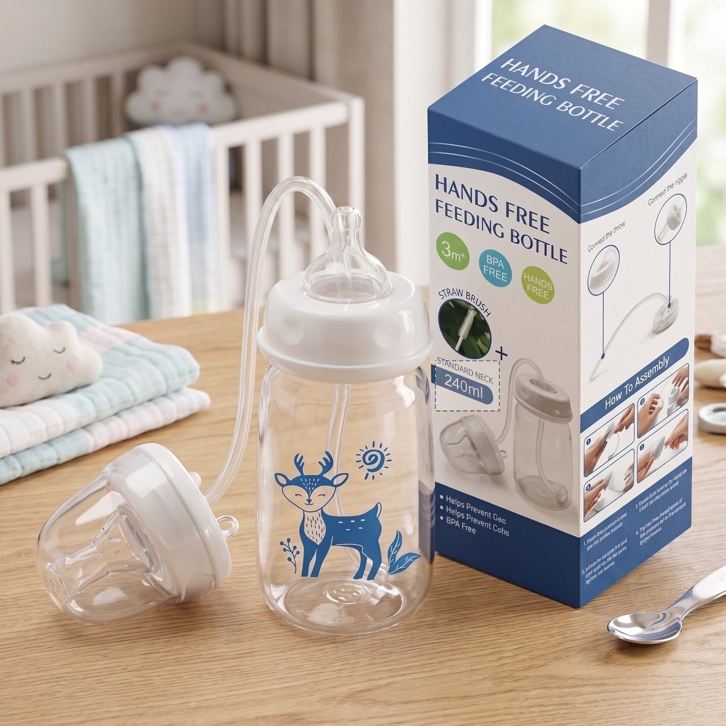 Hands-Free Baby Feeding Bottle 240ml – BPA-Free Anti-Colic Baby Feeder with Silicone Straw for Newborns & Infants