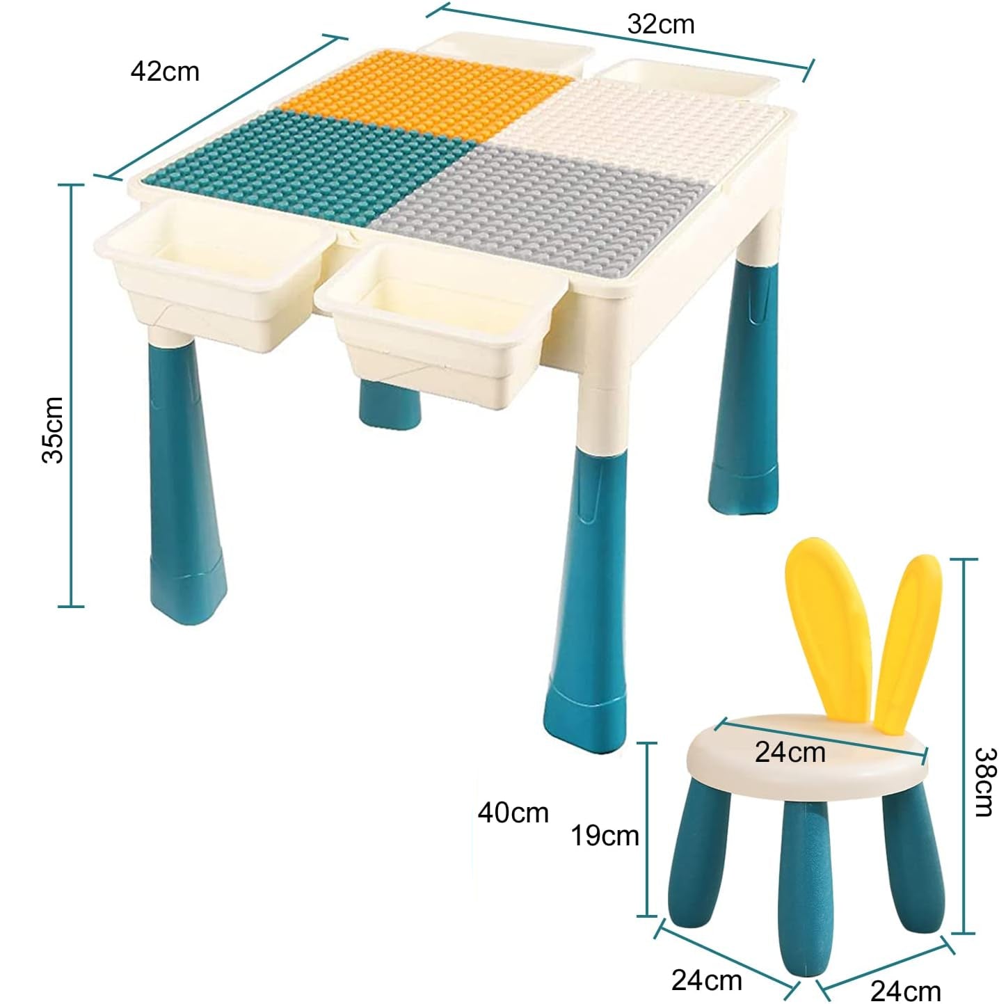 Children's building block table with measurements and a matching chair,
