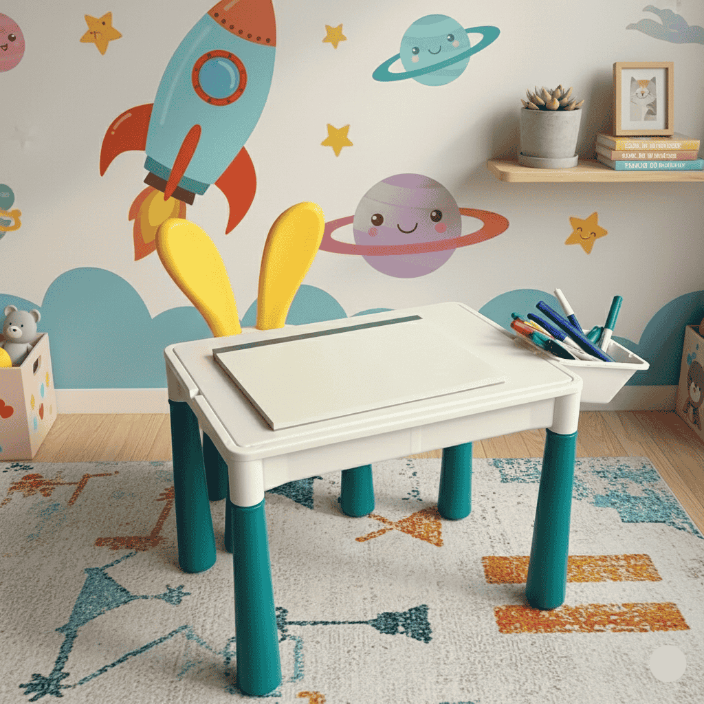 Children's playroom with a colorful table, wall decals of a rocket and planets, and toys.