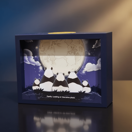 Decorative box with panda design and night sky illustration on a reflective surface.