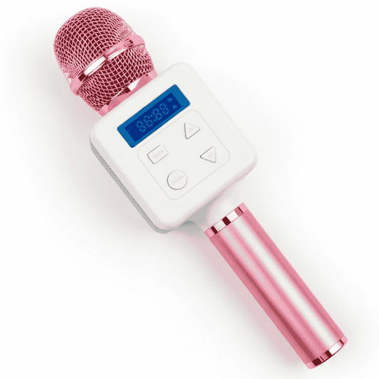 Pink microphone with digital display on a white background