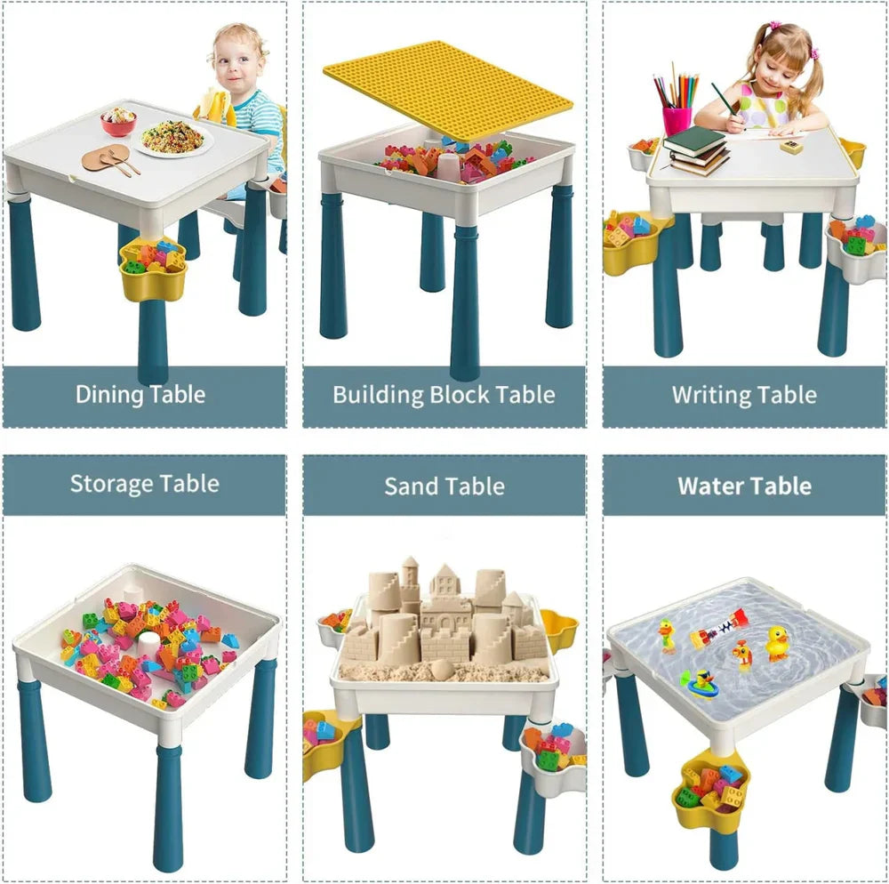 Set of six children's tables with different activities on each table.
