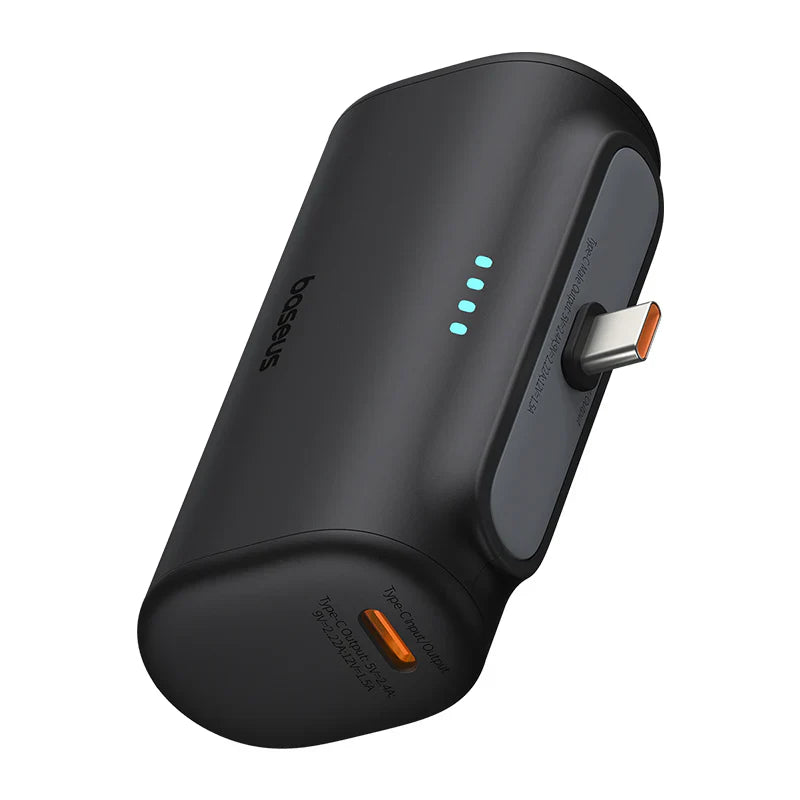 Black portable charger with USB-C port on a white background