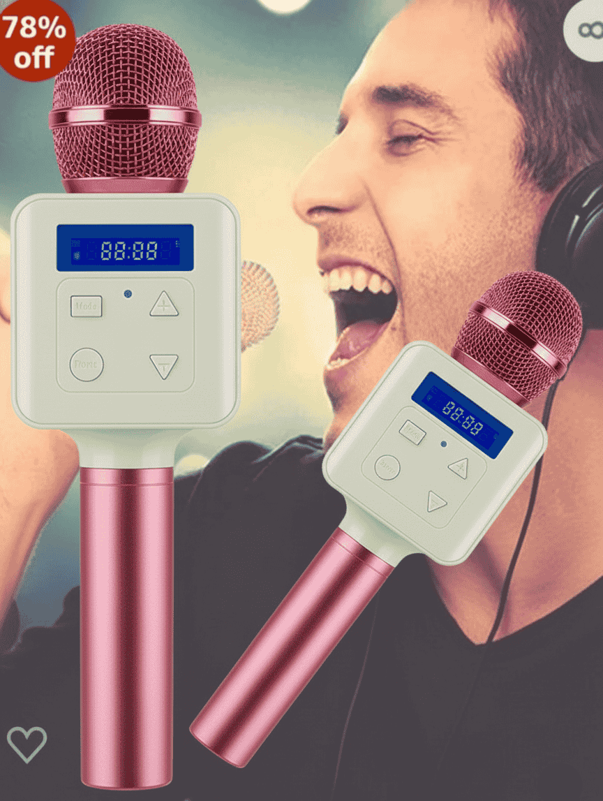 Two pink microphones with digital displays on a blurred background of a person singing.