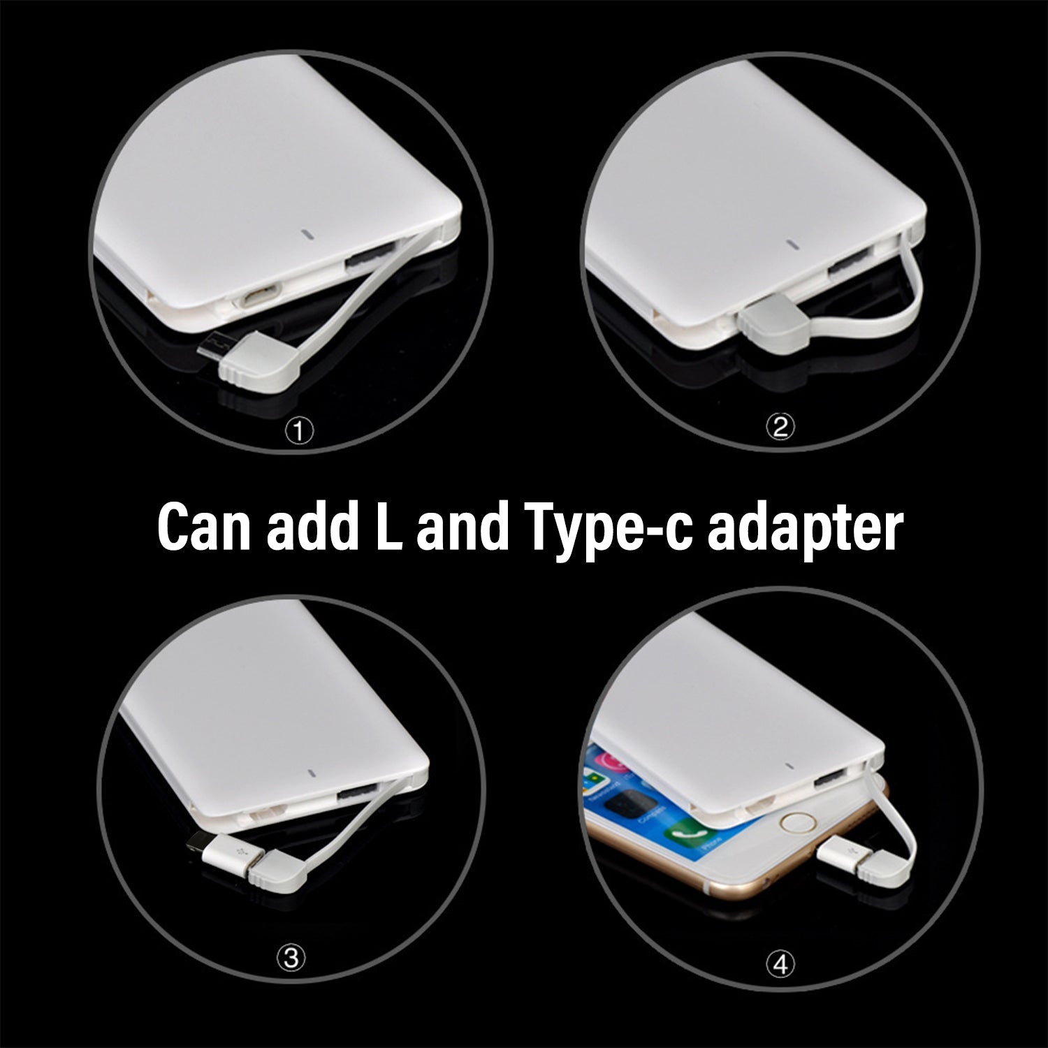 White power bank with L and Type-C adapter on a black background