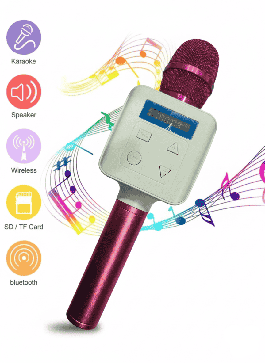 Wireless microphone with digital display on a white background with music notes and icons.