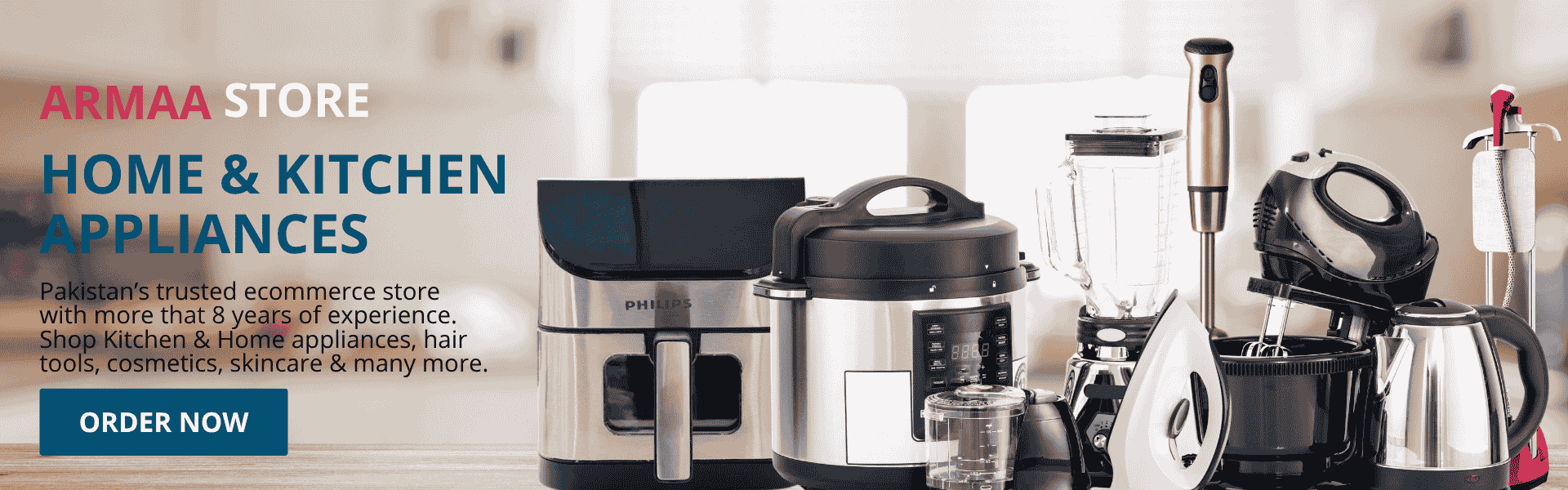 armaa store home page banner Kitchen & Home appliances, hair tools, cosmetics, skincare & many more.